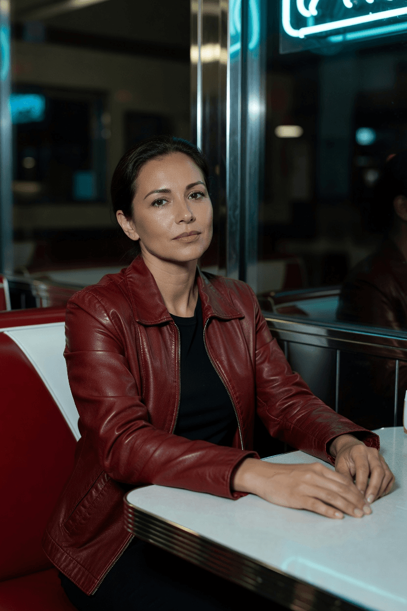 Night diner editorial portrait, Grok Imagine output