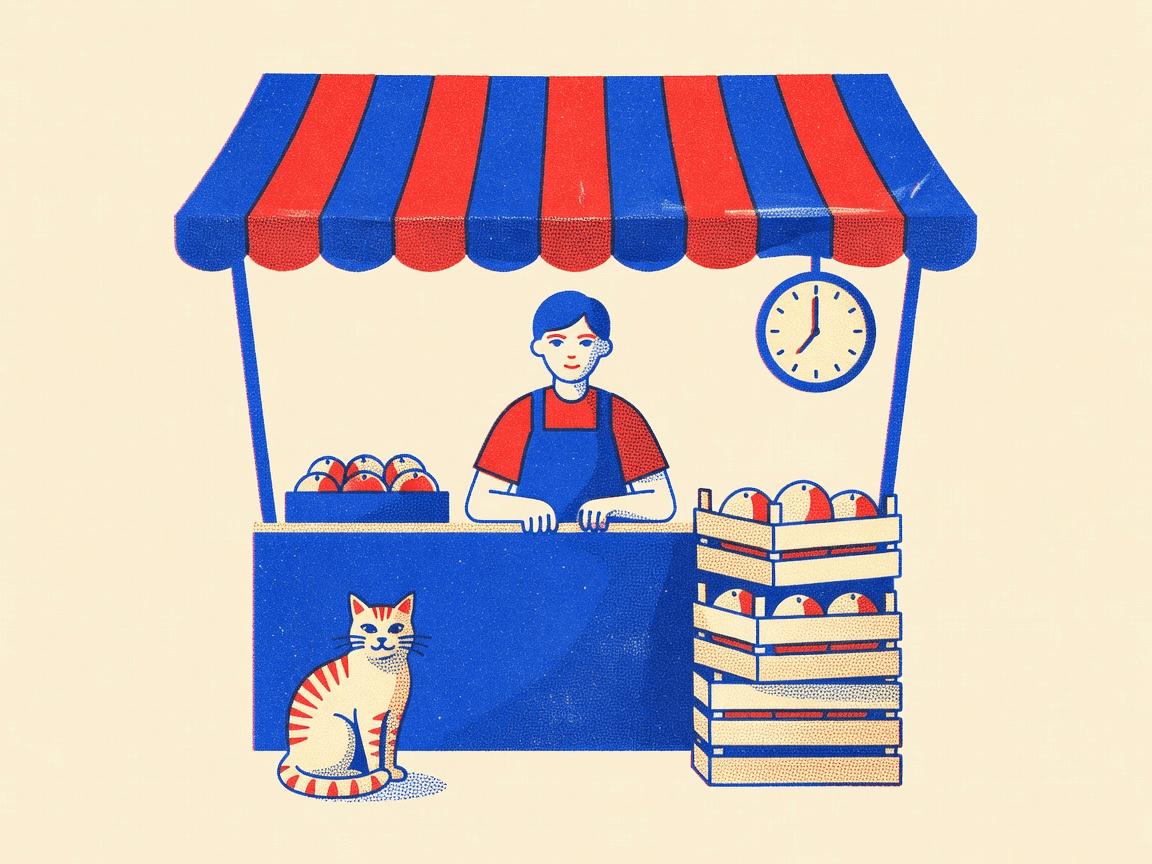 Controlled risograph market illustration, Grok Imagine output