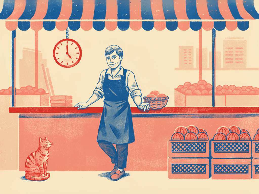 Controlled risograph market illustration, Ideogram 4 output