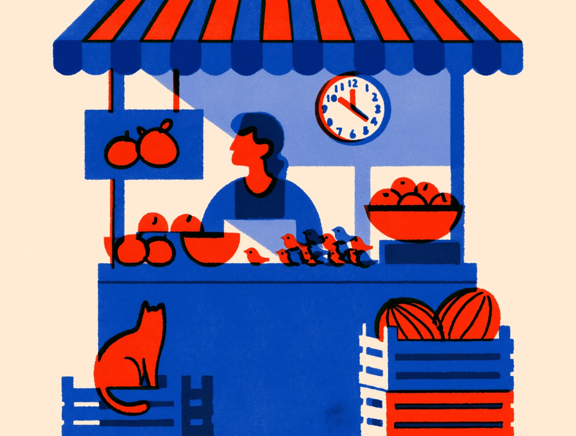 Controlled risograph market illustration, Krea 2 Medium output