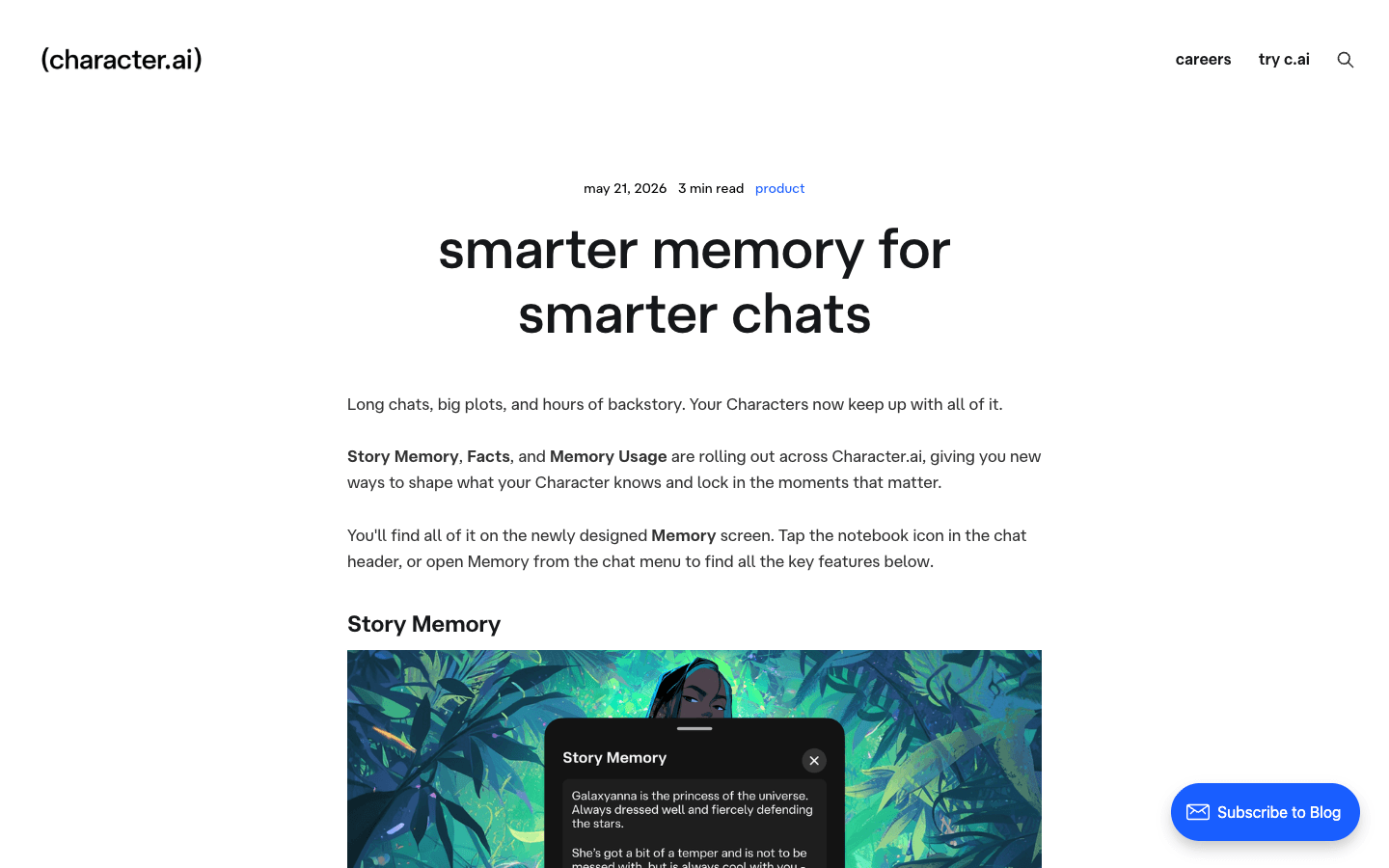 Character.AI article announcing its story memory feature