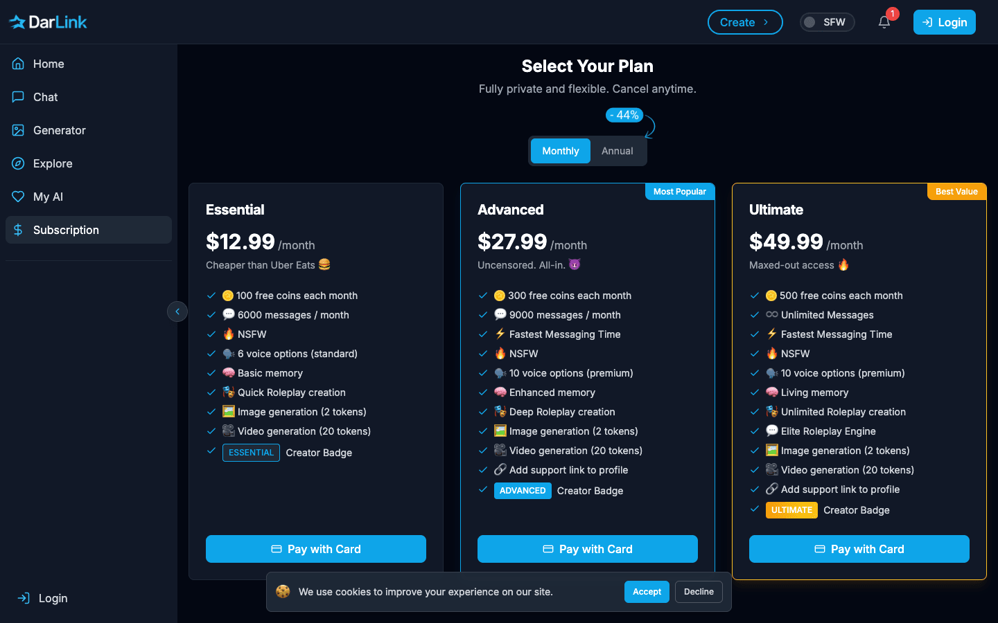 DarLink plan selection page showing Essential, Advanced, and Ultimate subscription tiers