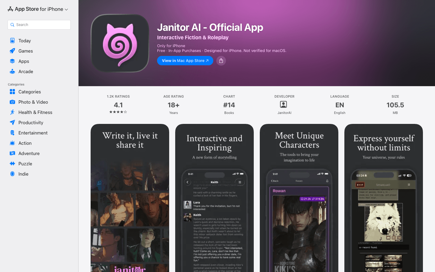 Janitor AI official App Store listing with interface previews