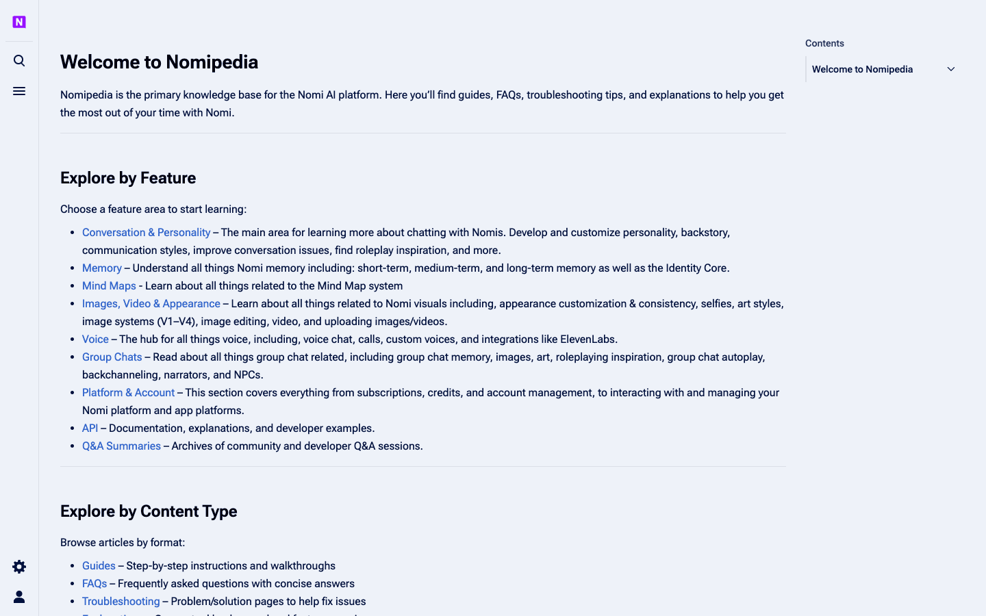 Nomi wiki showing memory, relationship, image, and voice documentation