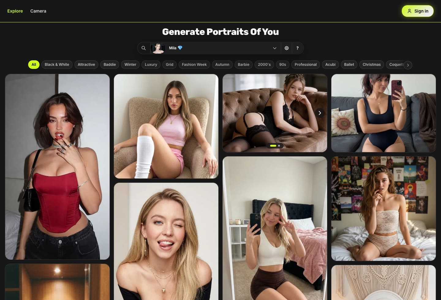Remix.Camera Explore page showing a searchable grid of portrait templates and category filters