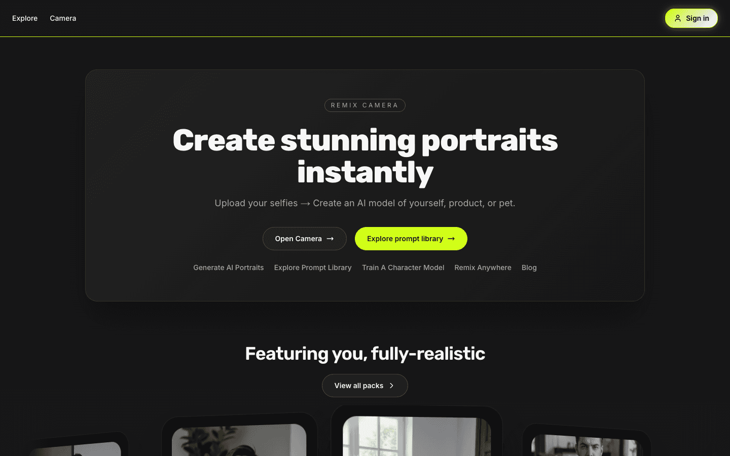 Remix.Camera image-first portrait generation homepage
