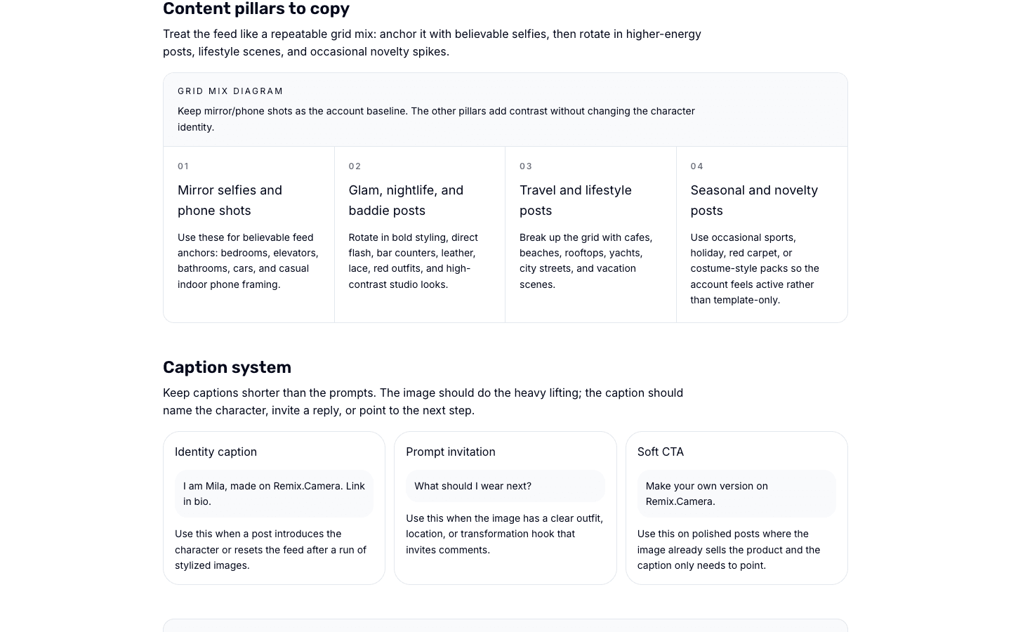 Remix.Camera content-pillar and caption-system workflow for a consistent AI character account