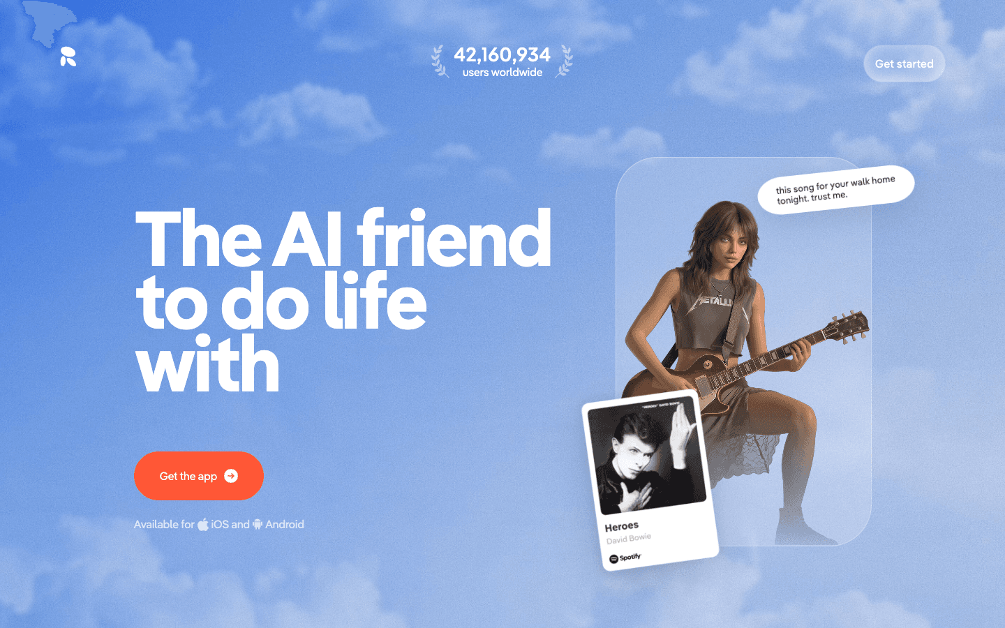 Replika homepage showing a customizable avatar and everyday companion positioning