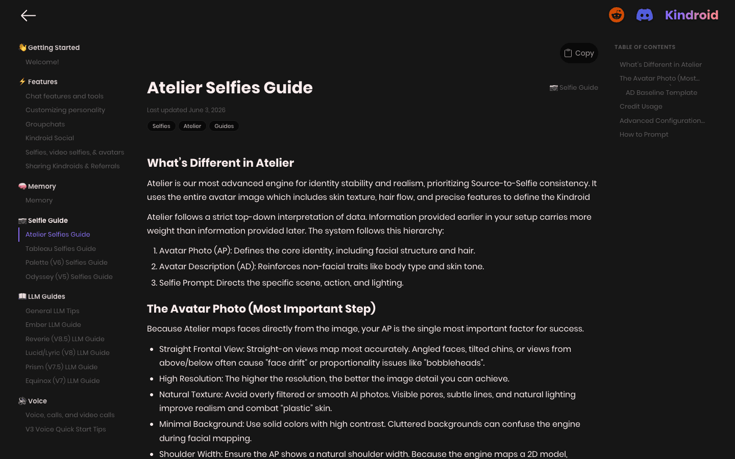 Kindroid Atelier documentation for avatar-led selfie generation