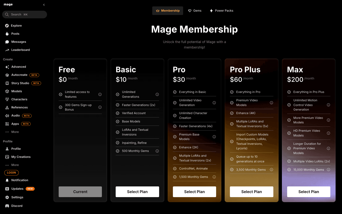 Mage membership page comparing Free, Basic, Pro, Pro Plus, and Max plans