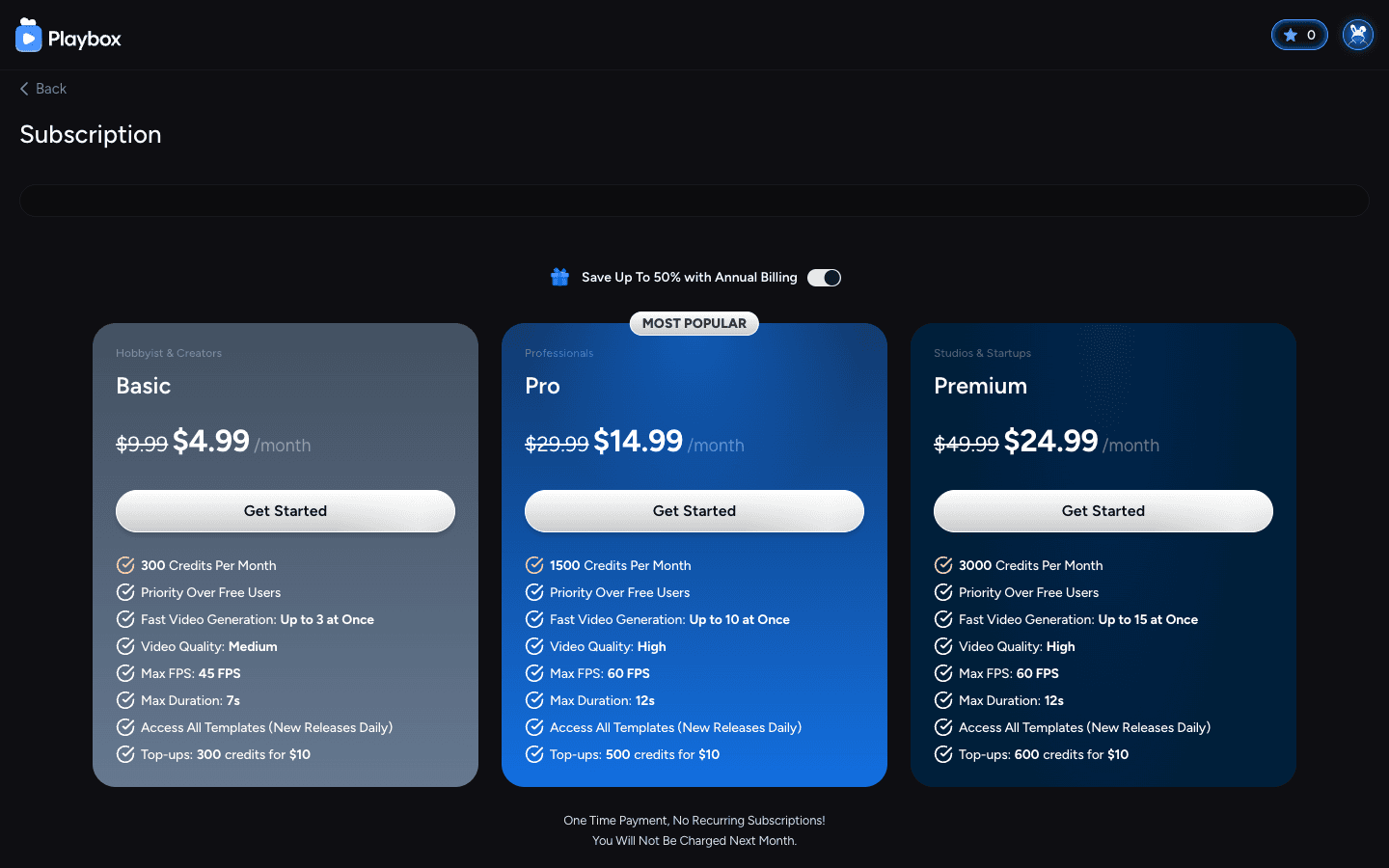 Playbox subscription page showing Basic, Pro, and Premium plans
