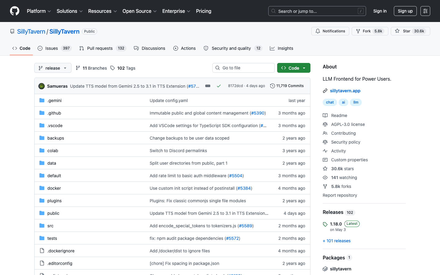 SillyTavern official GitHub repository page