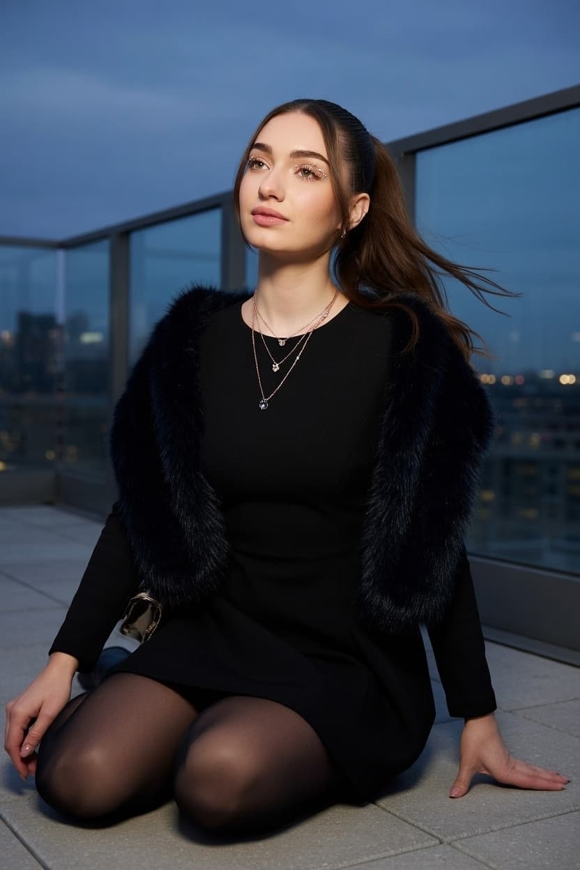 Blue-hour rooftop fashion portrait, Grok output