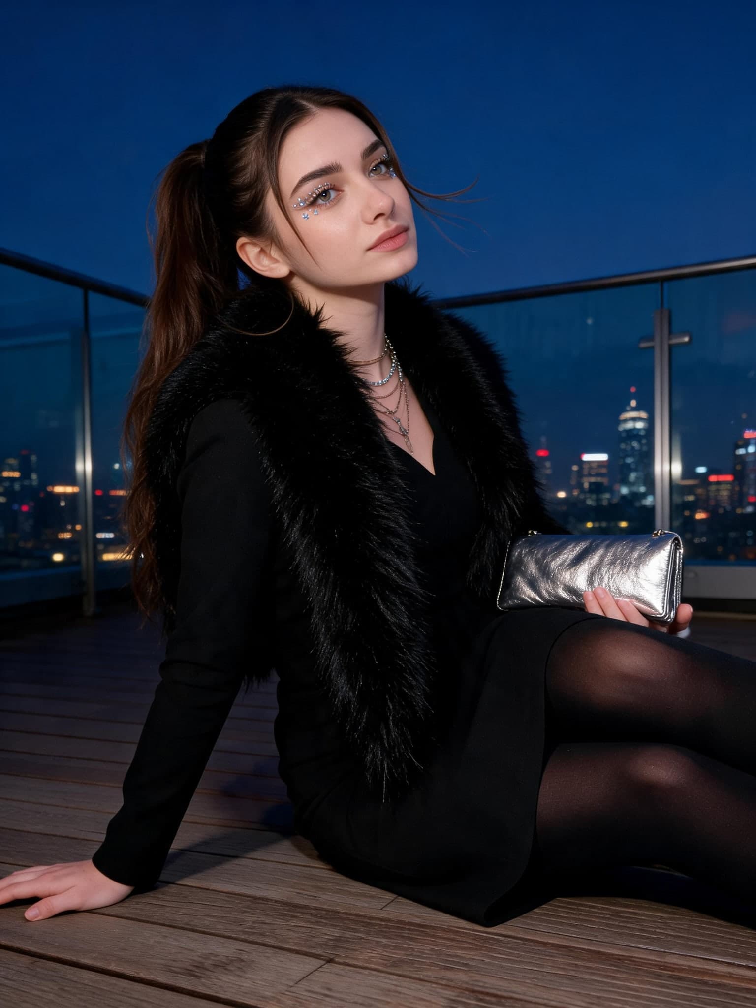 Blue-hour rooftop fashion portrait, Seedream V5 Lite output