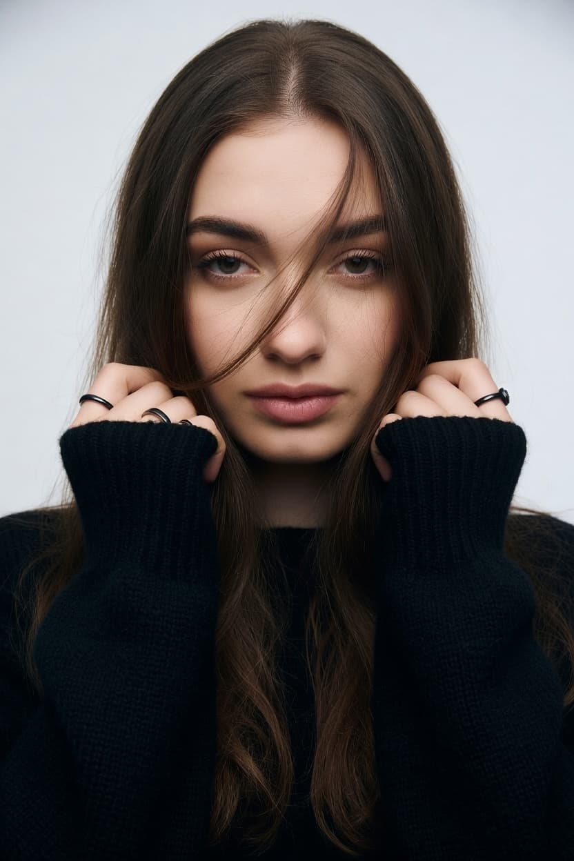 Close-up black sweater portrait, Grok output