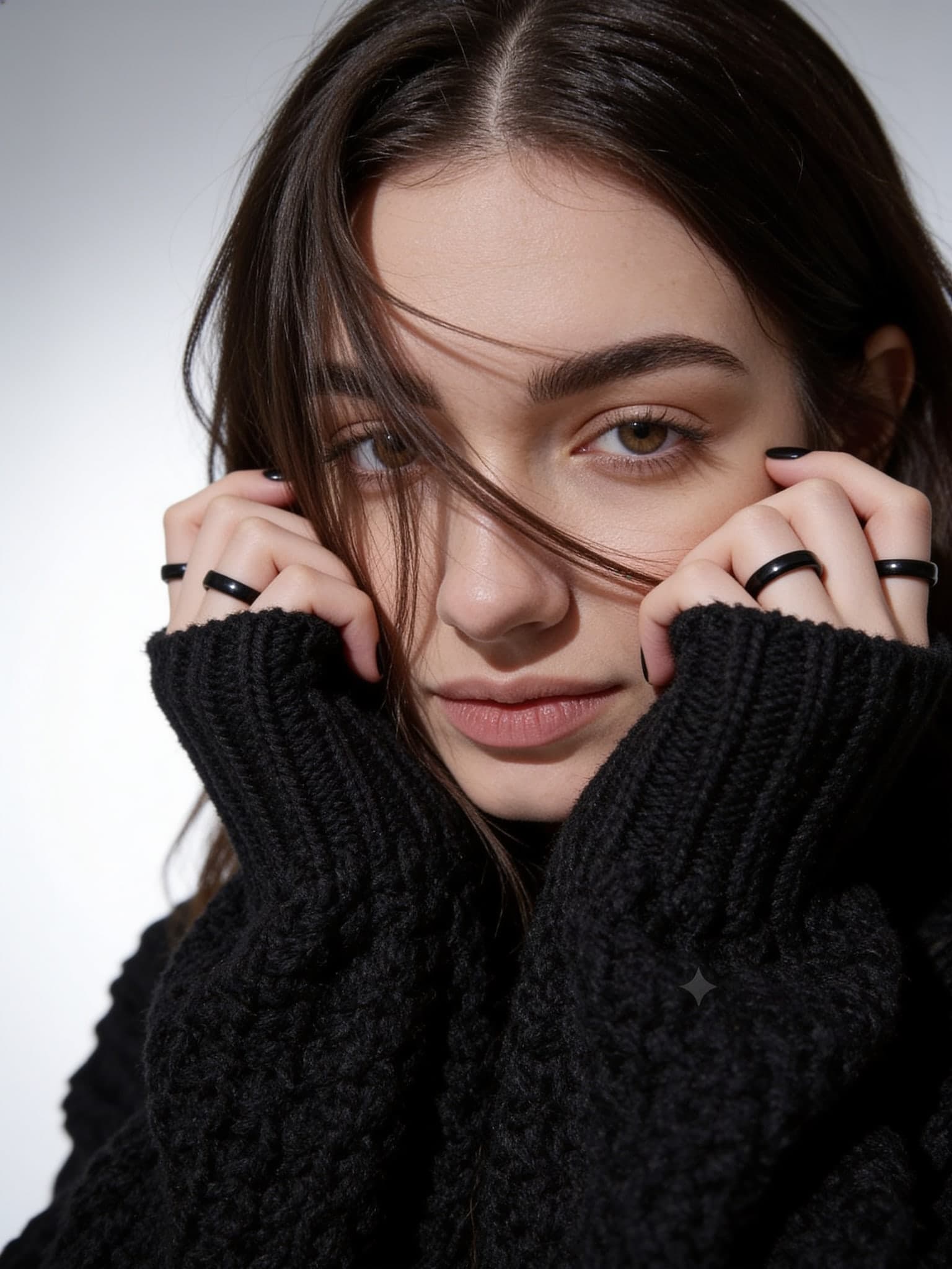 Close-up black sweater portrait, Seedream 4.5 output