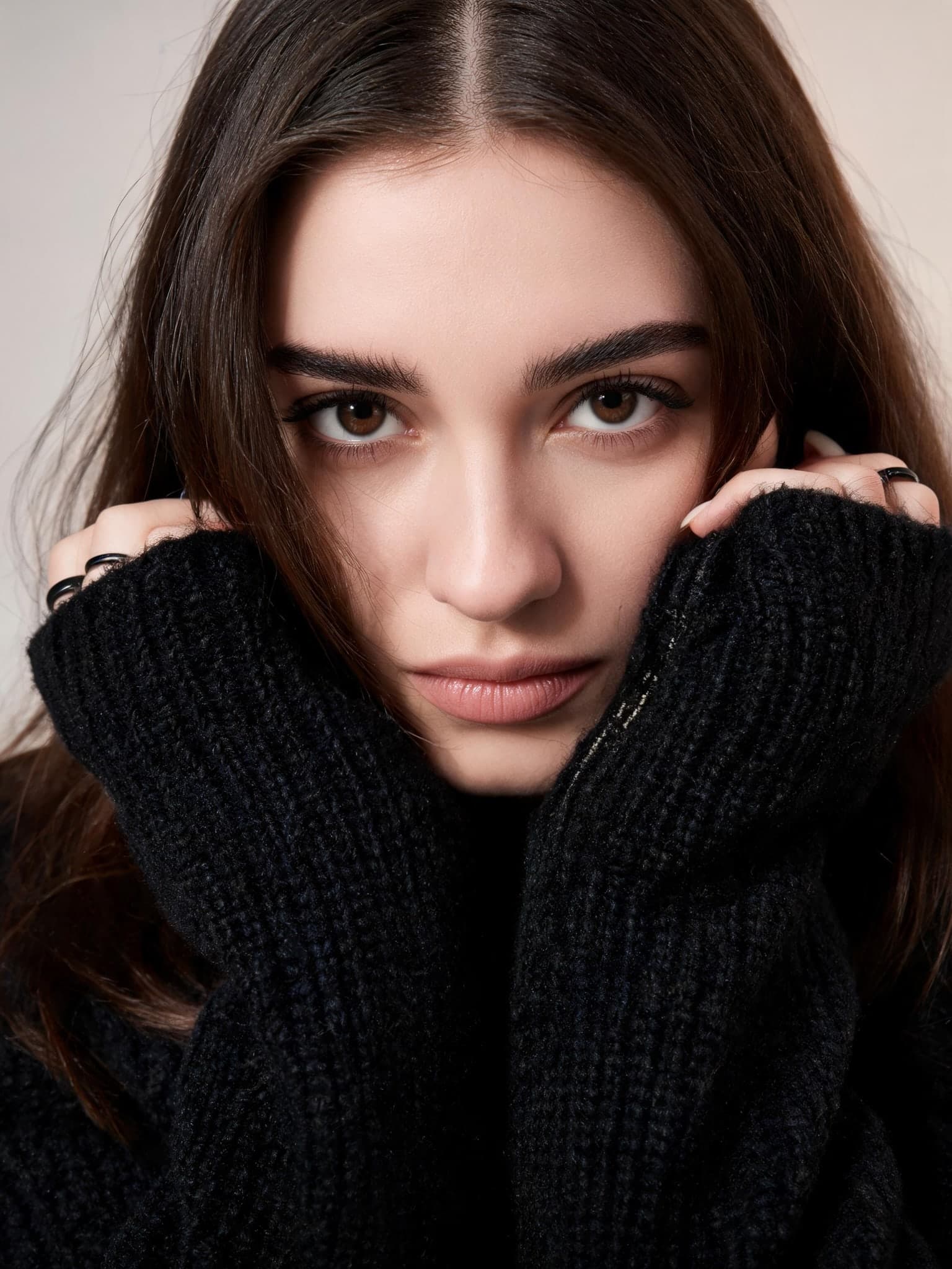 Close-up black sweater portrait, Seedream V5 Lite output