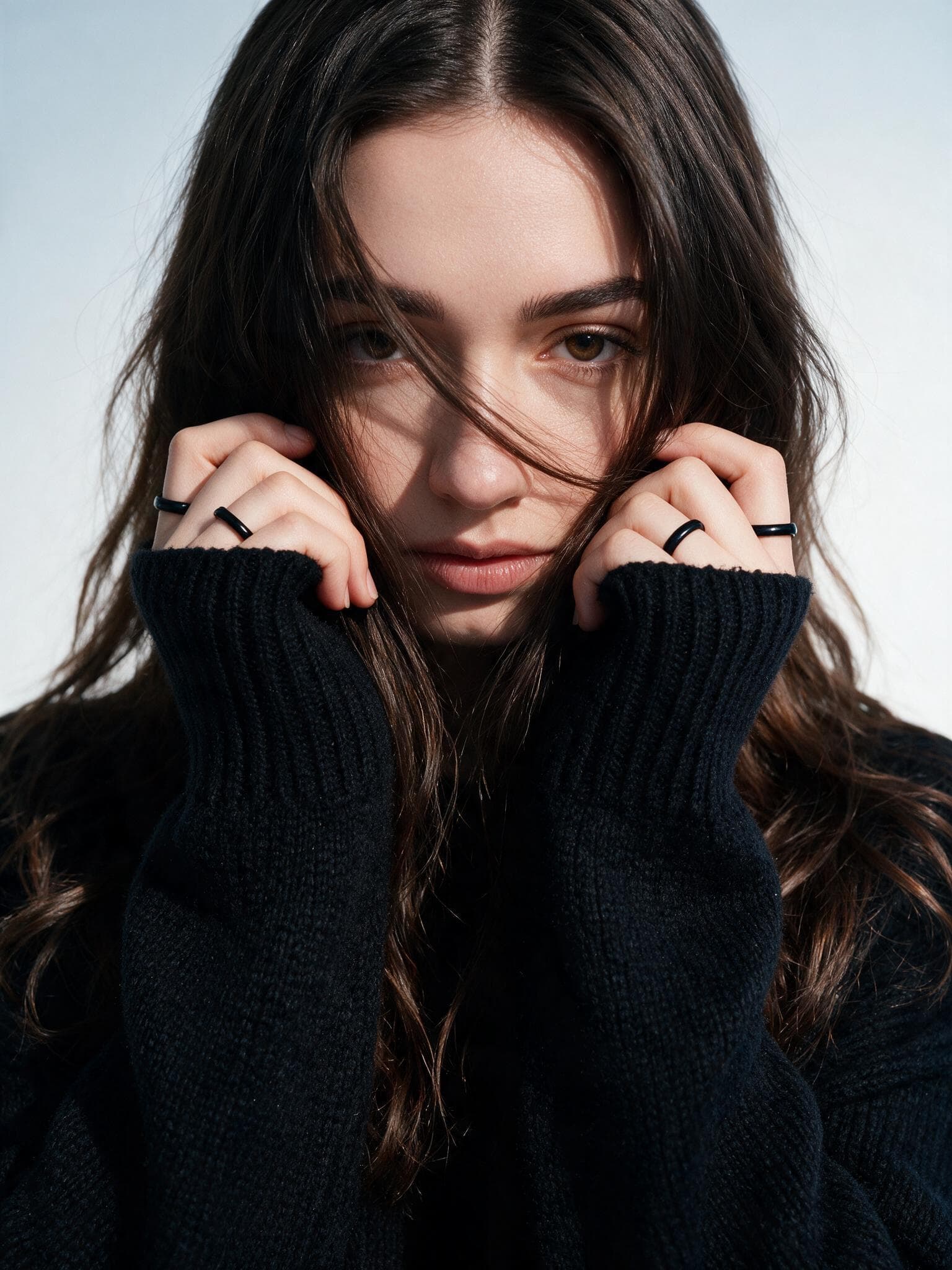 Close-up black sweater portrait, Seedream V5 Pro output
