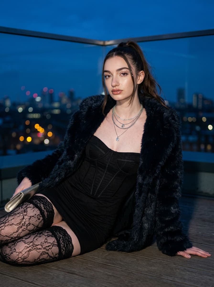 Blue-Hour Rooftop Corset Fashion Portrait, Nano Banana 2 output