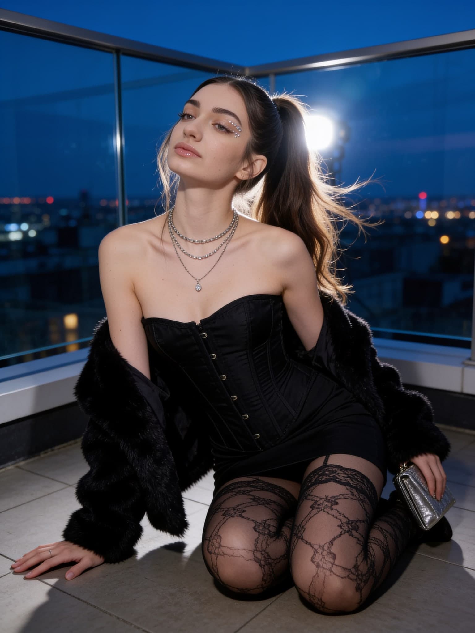 Blue-Hour Rooftop Corset Fashion Portrait, Seedream 4.5 output