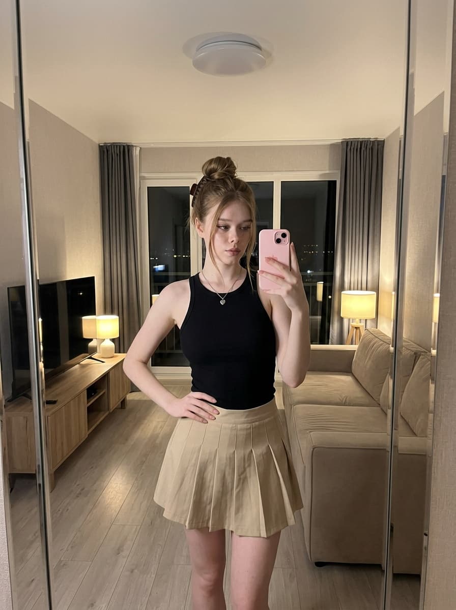 Modern Apartment Living Room Mirror Selfie, Nano Banana 2 output