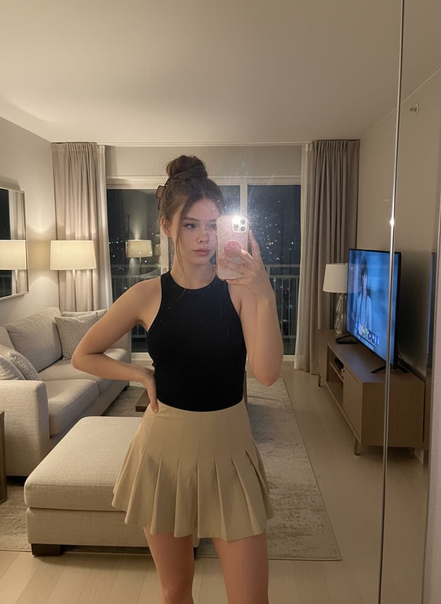 Modern Apartment Living Room Mirror Selfie, Nano Banana output