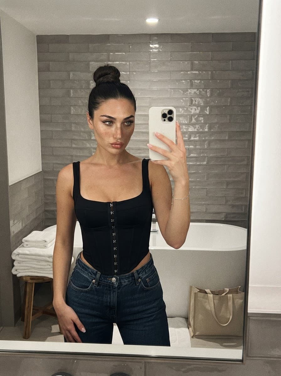 Black Corset and Jeans Bathroom Mirror Selfie, Nano Banana 2 Lite output