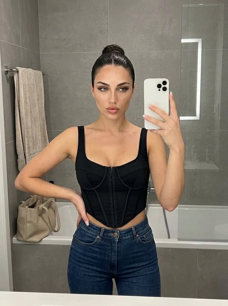 Black Corset and Jeans Bathroom Mirror Selfie, Nano Banana 2 output