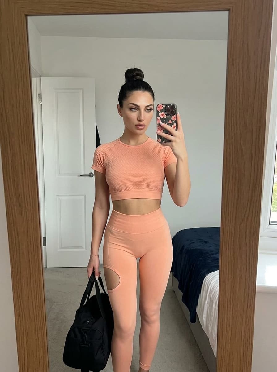Peach Athletic Set Bedroom Mirror Selfie, Nano Banana 2 output