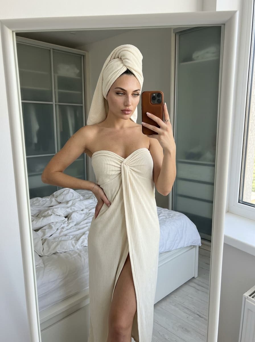 Cream Towel Dress Bedroom Mirror Selfie, Nano Banana 2 output