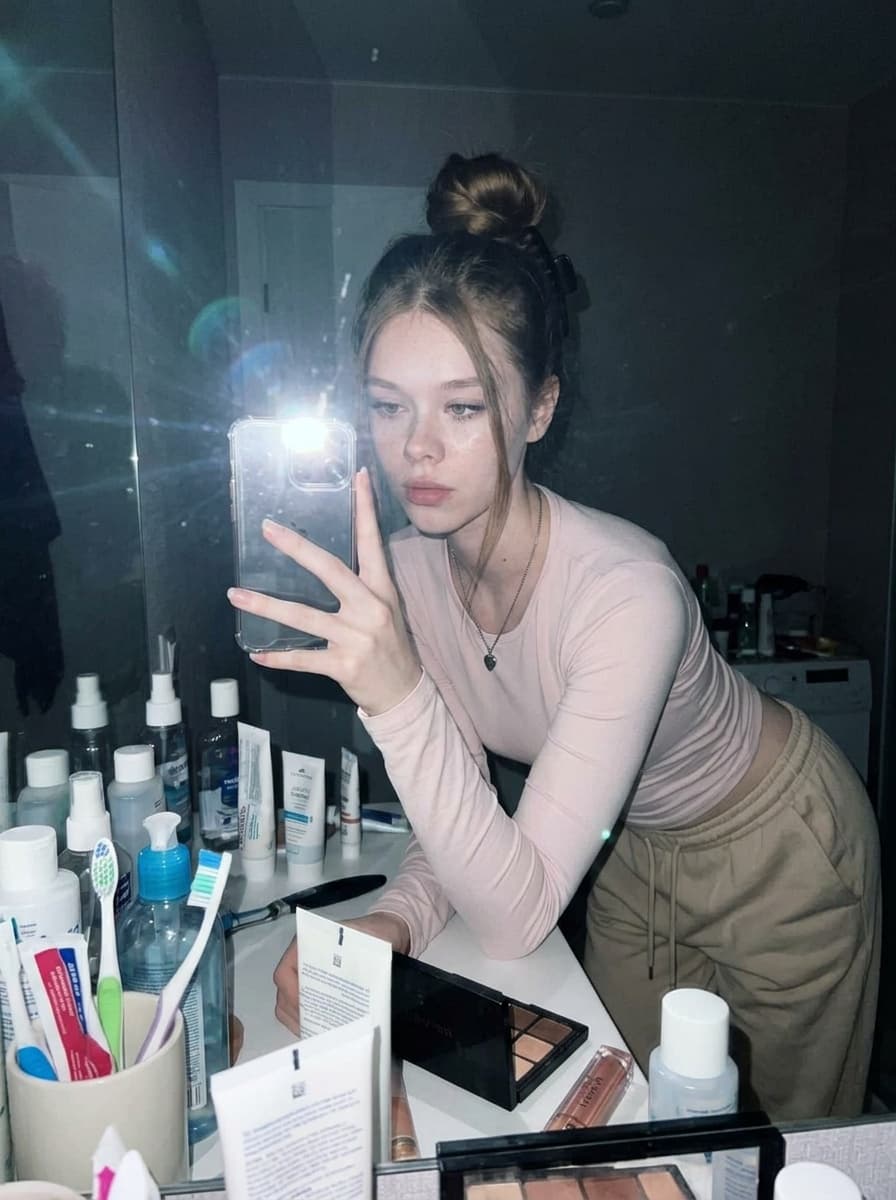 Dim Bathroom Mirror Selfie in Pale Pink, Nano Banana 2 output