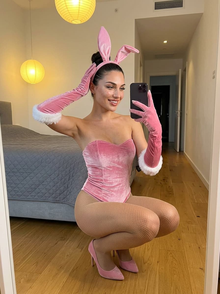 Pink Velvet Bunny Costume Bedroom Mirror Selfie, Nano Banana 2 output